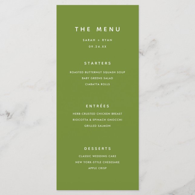 Menu Casamento Personalizado Verde Oliva Minimalista Mo (Frente)