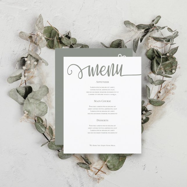 Menu Casamento Personalizado Verde Sage (Sage Green Personalized Wedding Menus from Ricaso. Add your own text to these delightful menu cards)
