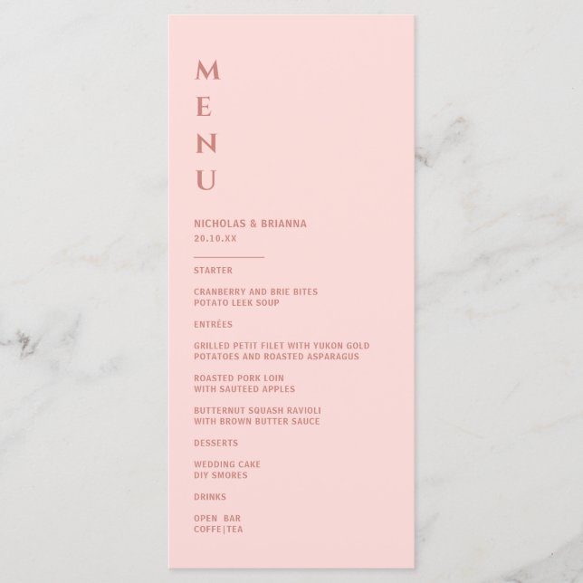 Menu Casamento PInk de Blush Minimalista (Frente)