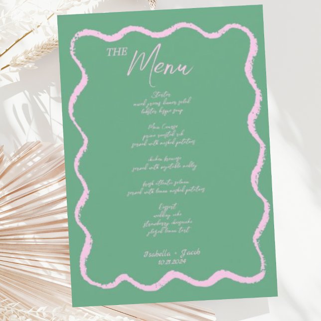 Menu Casamento Pink e Escrito à Mão Verde Retro (Criador carregado)