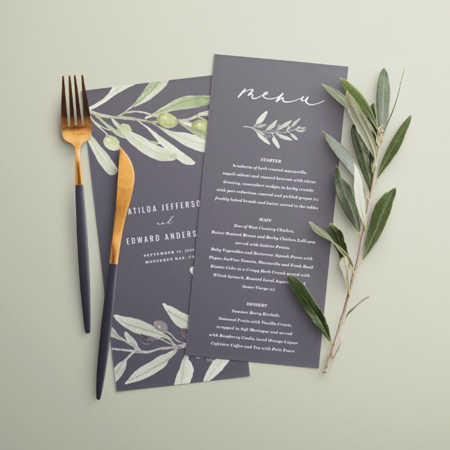 Menu Casamento pintado com aquarela de oliva (Criador carregado)