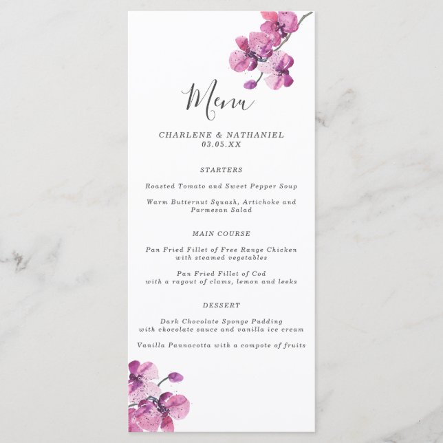 Menu Casamento Plum Watercolor Orchid (Frente)