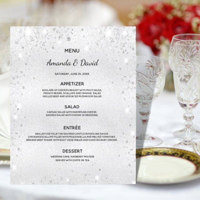 Menu Casamento, pó metálico prateado, elegante (Criador carregado)
