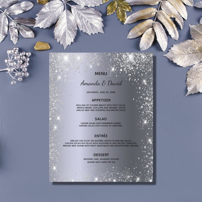 Menu Casamento, pó metálico prateado, elegante (Criador carregado)