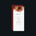 Menu Casamento por Aquarela de Sunflower Burgundy<br><div class="desc">O Burgundy e o Amarelo Sunflower Outdoor Foliage Watercolor Menu Elegant e Modern Invices on White - inclui uma bela e elegante tipografia com a queda botânica moderna ou Folhas de outono para a celebração especial do dia do casamento.</div>