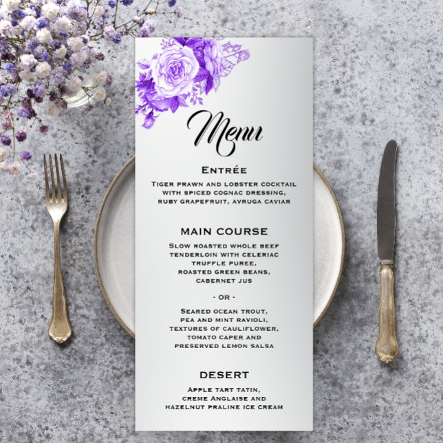 Menu Casamento prateado de rosas roxas Shimmering (Criador carregado)