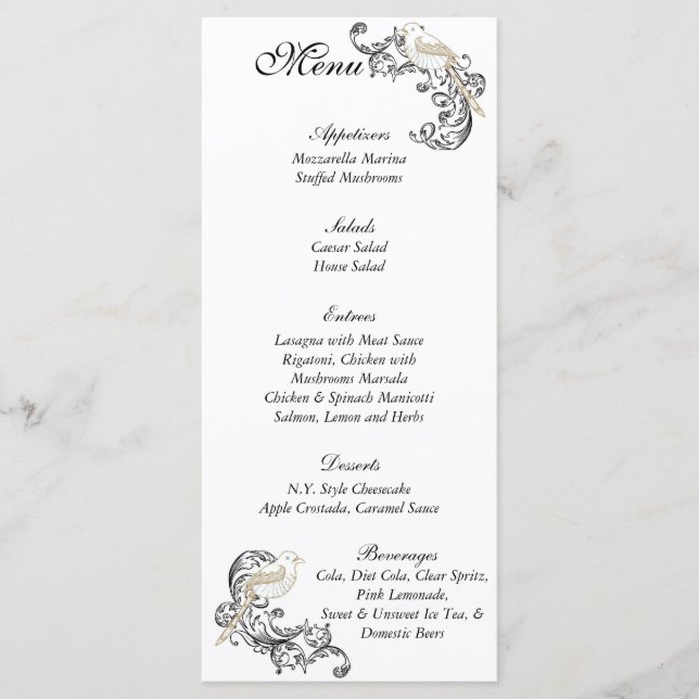 Menu Casamento Preto/Branco de Pássaros do Amor (Frente)