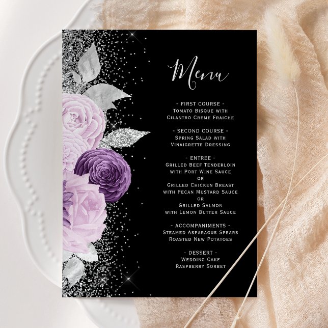 Menu Casamento Preto Brilho Prata Roxo Floral (Criador carregado)