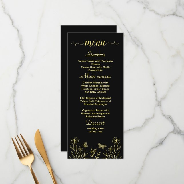 Menu Casamento preto de flor dourada simples (Frente/Verso In Situ)