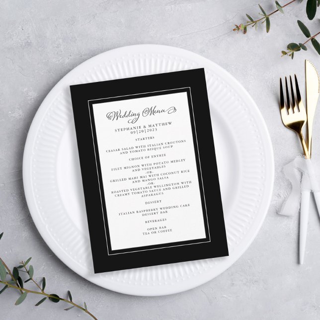 Menu Casamento Preto e Branco Bordas Modernas Chiques (Criador carregado)