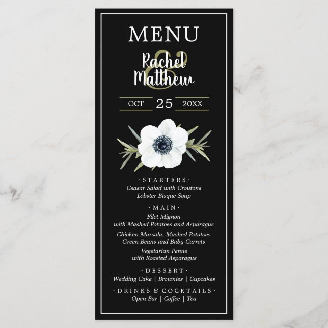 Menu Casamento Preto e Branco com Anêmonas de Aquarela (Frente)