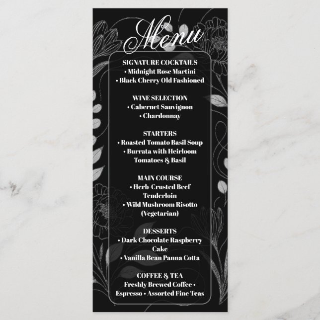 Menu Casamento Preto e Branco com Florais Góticos Sombr (Frente)
