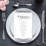Menu Casamento preto e branco com tipografia mínima<br><div class="desc">Sonolento, sofisticado e sem esforço elegante — este moderno cartão de cardápio de casamento é perfeito para o casal que ama o design eterno com uma reviravolta contemporânea. Apresentando um texto preto de carvão nítido sobre um fundo branco limpo, o layout é enquadrado por uma fina borda de trabalho aberto...</div>
