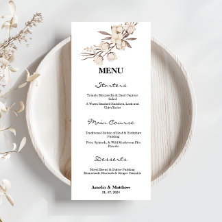 Menu Casamento preto e branco da flor de algodão elegan