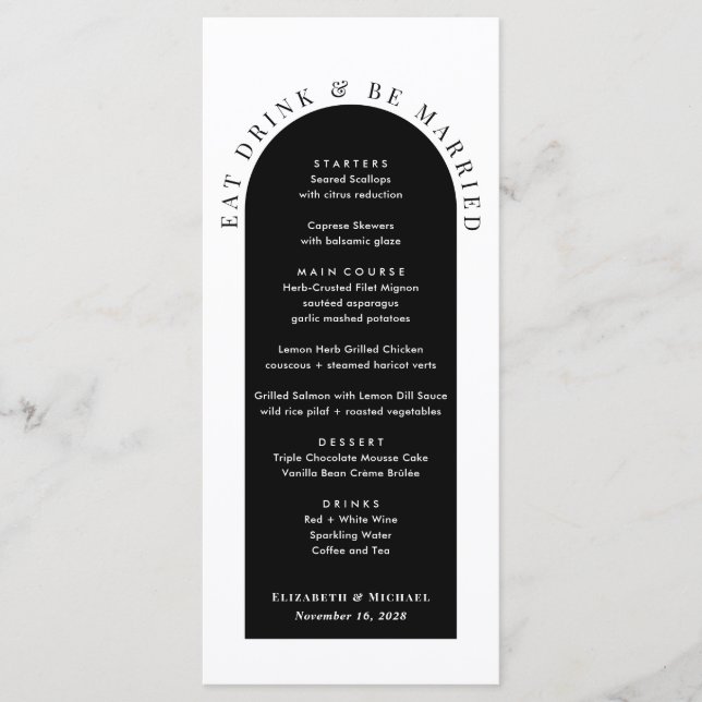 Menu Casamento Preto e Branco de Arquitetura Moderna Mi (Frente)
