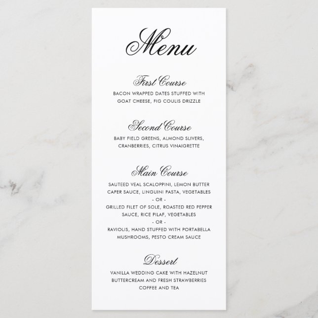 Menu Casamento Preto e Branco de Caligrafia Formal Eleg (Frente)