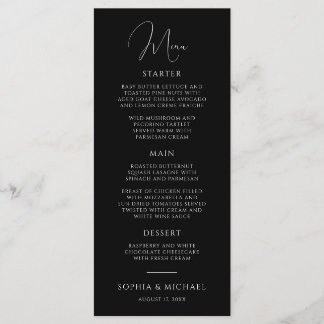 Menu Casamento Preto E Branco De Roteiro Moderno Elegan (Frente)