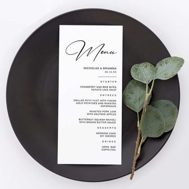 Menu Casamento preto e branco do inverno moderno (Criador carregado)