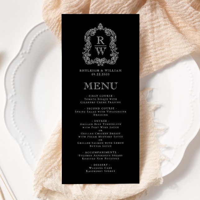 Menu Casamento preto e branco do Monograma Elegante (Criador carregado)