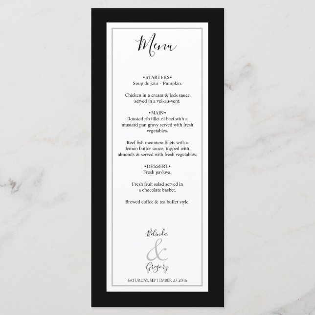 Menu Casamento preto e branco do monograma elegante (Frente)
