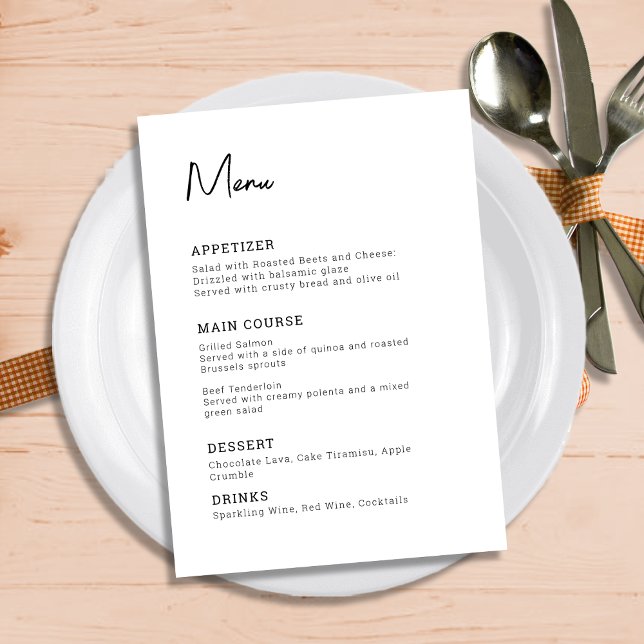 Menu Casamento Preto e Branco Minimalista Moderno Simpl (Simple Modern Minimalist Black and White Wedding Menu)