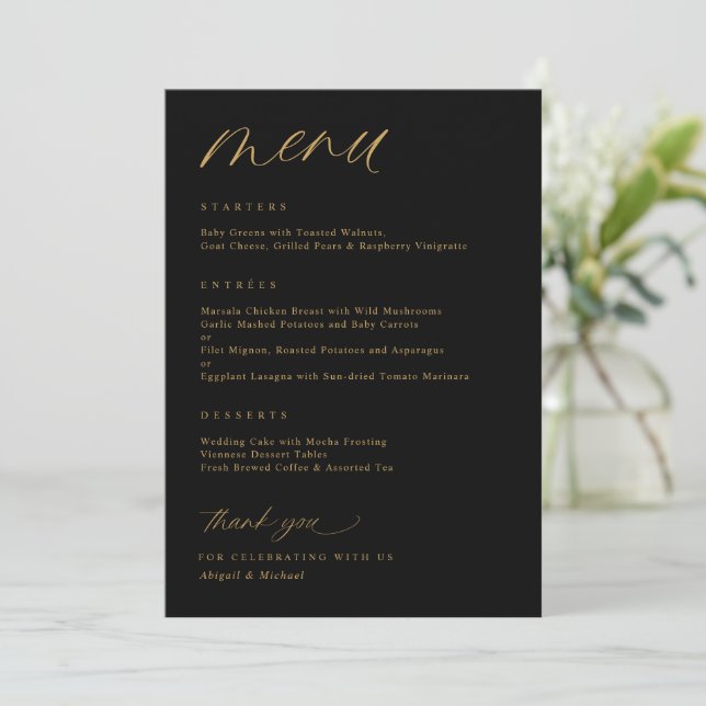 Menu Casamento Preto e Dourado Rascunho Romântico (Em pé/Frente)
