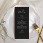 Menu Casamento preto Elegante<br><div class="desc">Melhore sua experiência de jantar com a placa de menu preto elegante simples. Alinhados com o tema do casamento,  esses cartões exibem um fundo preto,  letras clássicas de serifa e nomes personalizados personalizados,  fornecendo uma adição elegante às suas configurações de mesa.</div>