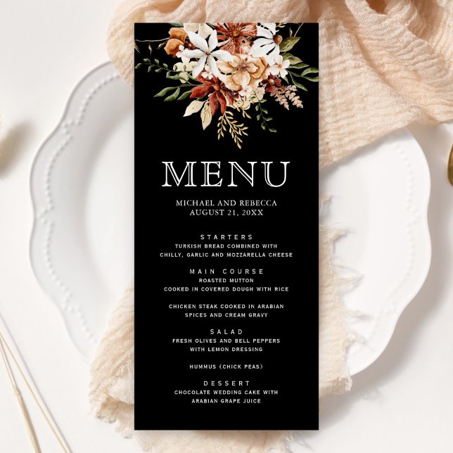 Menu Casamento Preto Floral Terracota Boho (Criador carregado)