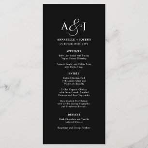 Menu Casamento Preto Formal de Monograma de Script Eleg