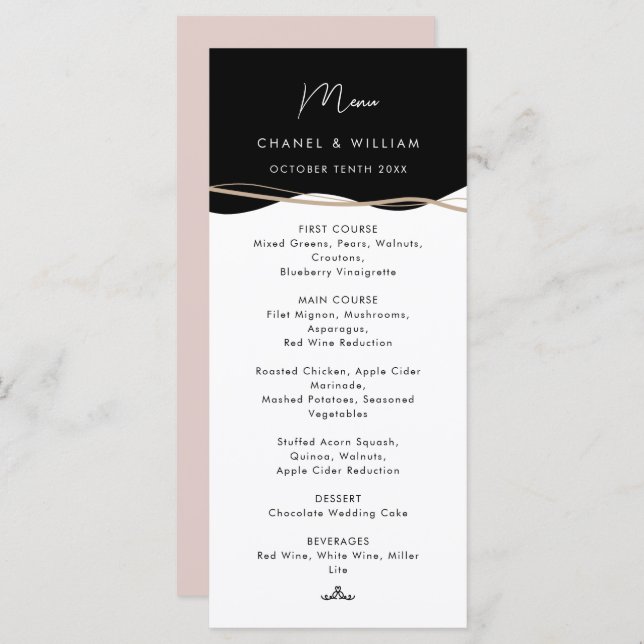 Menu Casamento preto moderno, branco e rosa (Frente/Verso)