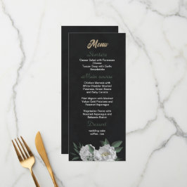 Menu casamento preto romântico de flores brancas verdes
