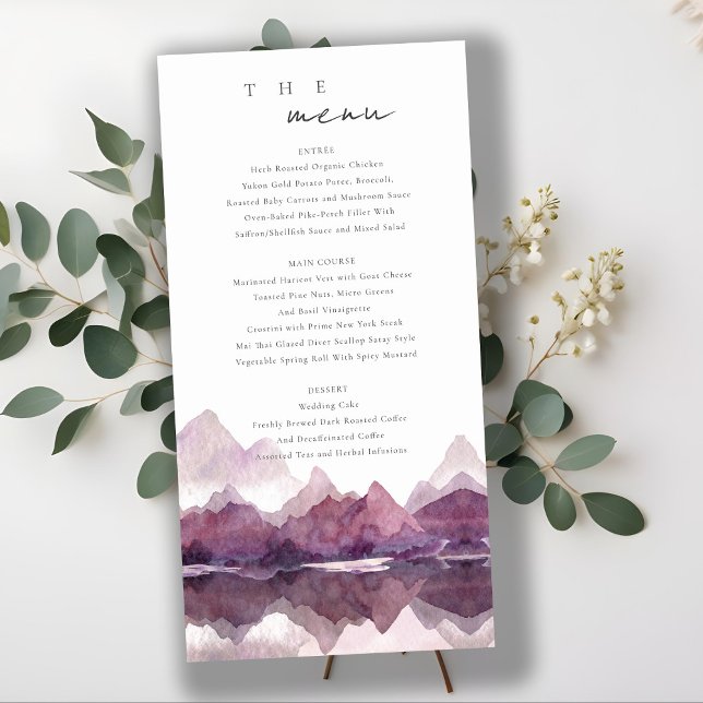 Menu Casamento Purple Watercolor Mountain Lake (Criador carregado)