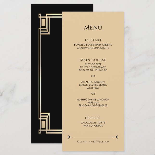 Menu Casamento Quadro Dourado Elegante Art Déco (Frente/Verso)