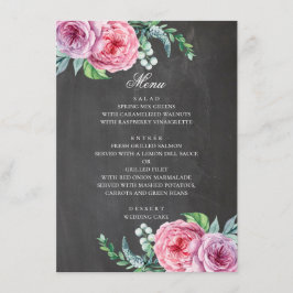 Menu Casamento quadro-negro. Flores cor-de-rosa no jard