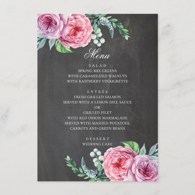 Menu Casamento quadro-negro. Flores cor-de-rosa no jard (Frente)