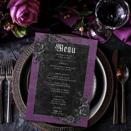 Menu Casamento Raven Preto Gótico e Rosas Roxo