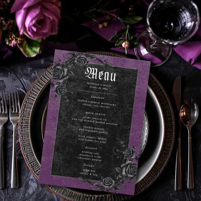 Menu Casamento Raven Preto Gótico e Rosas Roxo (Criador carregado)