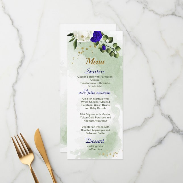 Menu casamento real com flores brancas verdes (Frente/Verso In Situ)