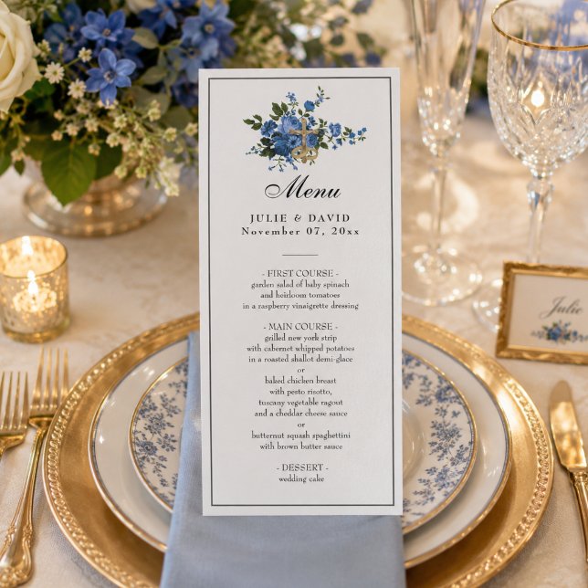 Menu Casamento Religioso Rosas Azuis Elegantes (Criador carregado)