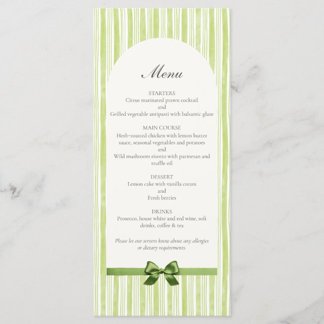 Menu Casamento Retro com Listras Verdes de Citrino (Frente)