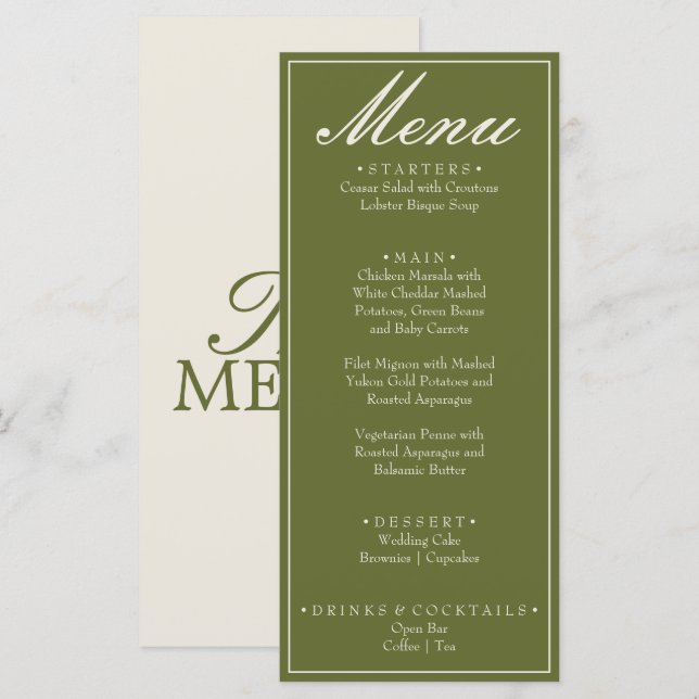Menu Casamento Retro de Dinheiro Antigo em Azeitona Ver (Frente/Verso)