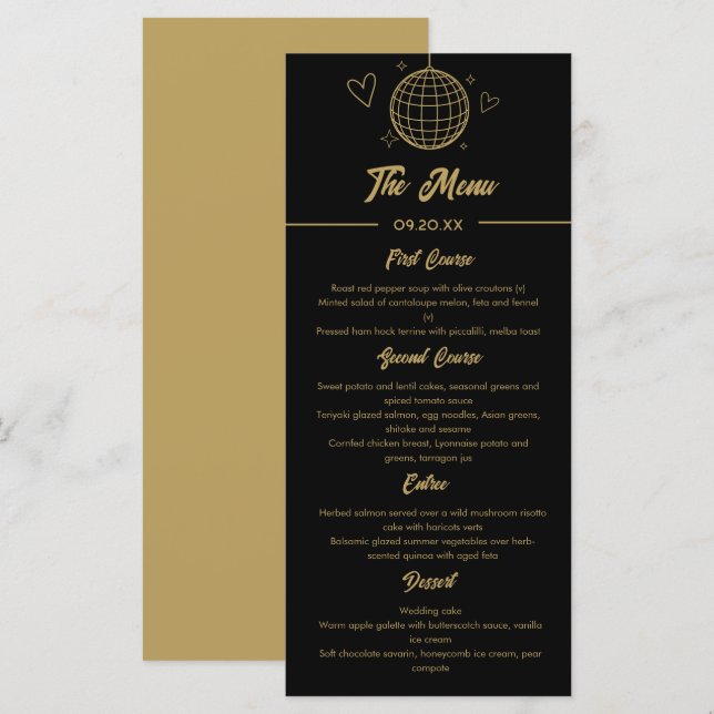 Menu Casamento Retro Disco Groovy Preto e Dourado dos A (Frente/Verso)