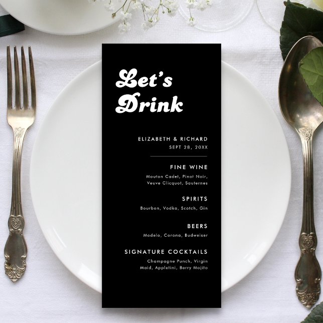 Menu Casamento Retro Elegante Preto Branco Vamos Beber  (Retro black and white bar menu adds a stylish, fun vibe to your wedding drinks table.)