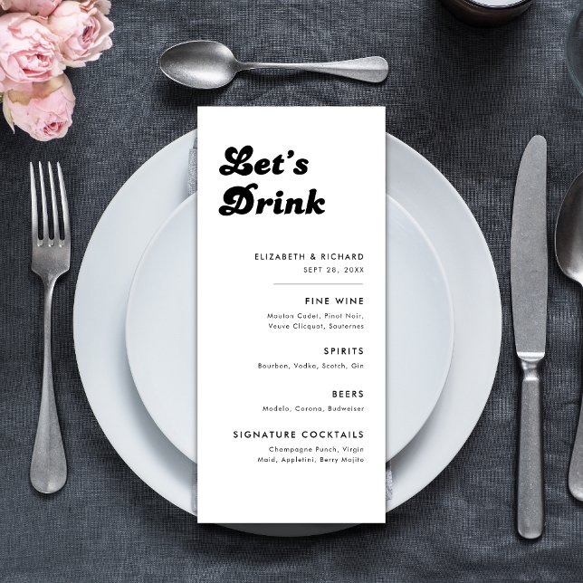 Menu Casamento Retro Elegante Preto Branco Vamos Beber  (Retro black and white bar menu adds a stylish, fun touch to your wedding drinks display.)