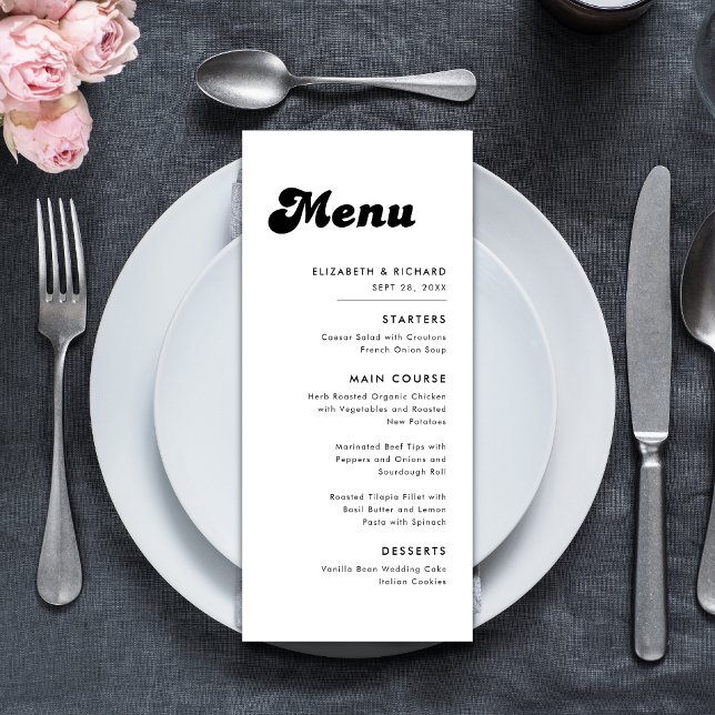 Menu Casamento Retro Elegante Preto e Branco (Retro black and white wedding menu presents your dishes with a stylish, timeless touch.)