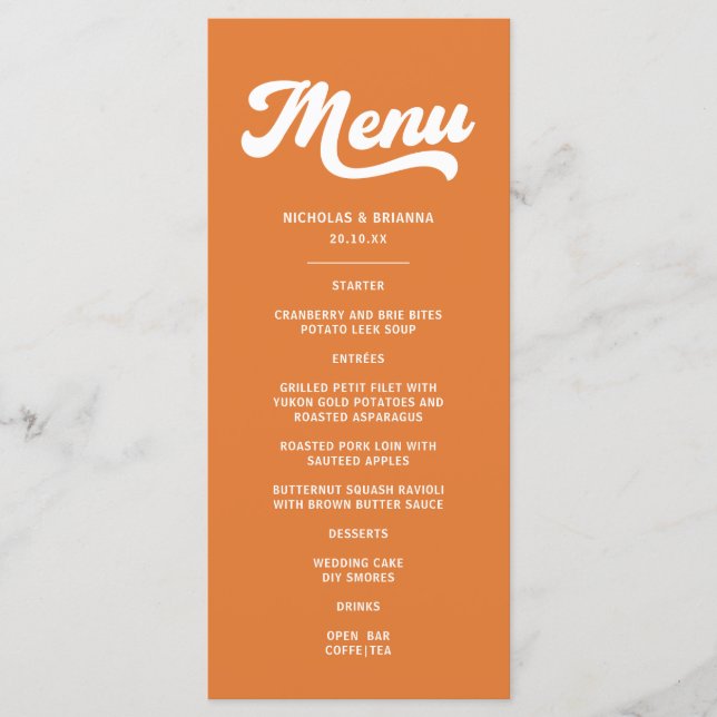 Menu Casamento Retro Laranja dos Anos 70 (Frente)