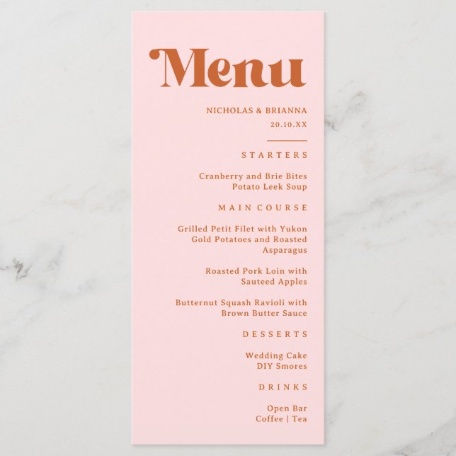 Menu Casamento Retro Rosa Vermelho Laranja (Frente)