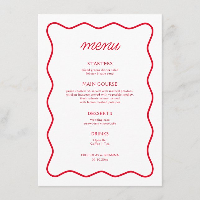 Menu Casamento Retro Vermelho e Namorados Branco (Frente)
