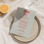 Menu Casamento Retroativo Simples De Champanhe Simples<br><div class="desc">Um retro fedorento,  moderno,  vermelho e azul-céu,  menu de janto de casamento. Que apresenta modelo de chic do fundo azul-céu e tipografia escrita vívida e vermelha-mão. Com coquetéis desenhados à mão com fitas. Perfeito e compatível com toda a suíte.</div>
