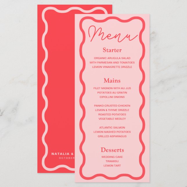 Menu Casamento retrorreflector de onda rosa (Frente/Verso)